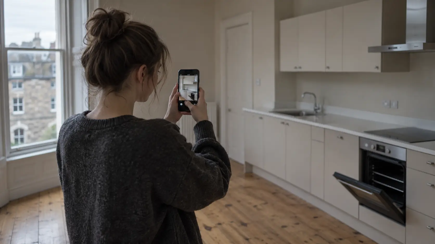 Tenant photographing a clean kitchen before handing back the keys